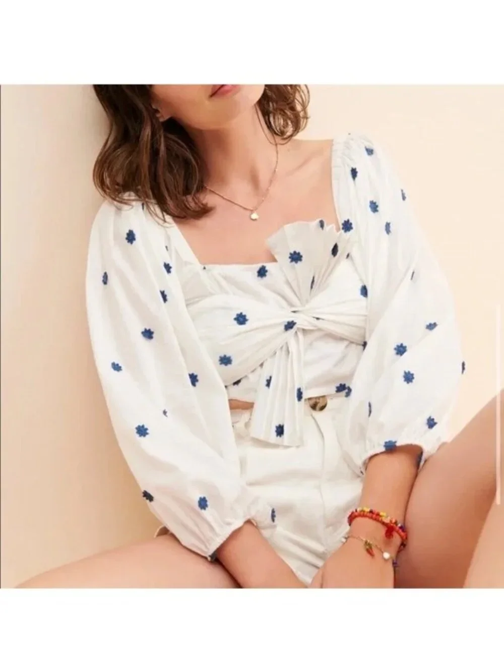 Farm Rio Anthropologie Bow front crop top white blue flower L summer beach